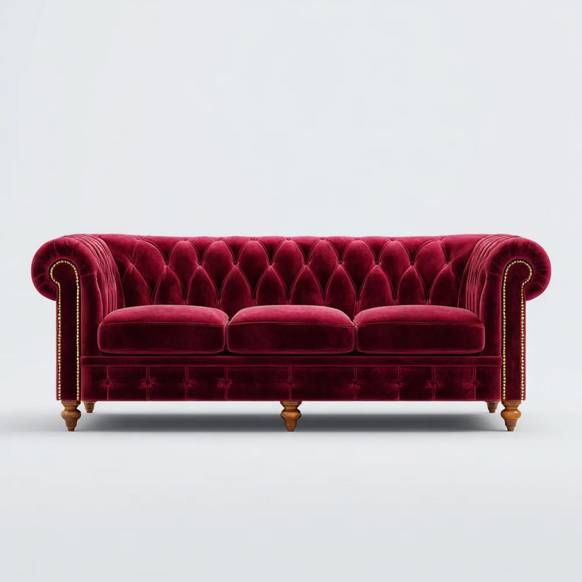 Trzyosobowa sofa Chesterfield z aksamitu, bordowa, 220 x 90 x 78 cm