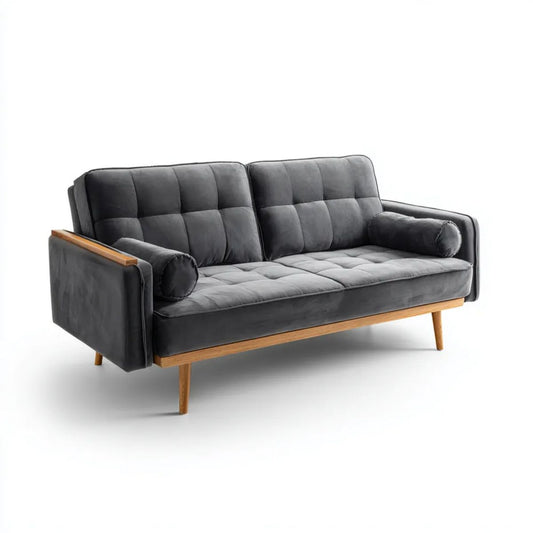 Dwuosobowa sofa aksamitna grafitowo-brązowa na drewnianych nogach 160 x 85 x 88 cm