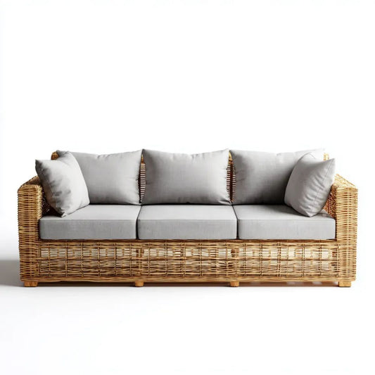 Trzyosobowa sofa ogrodowa z rattanu naturalnego jasnobrązowa z szarymi poduszkami, 220 × 85 × 80 cm