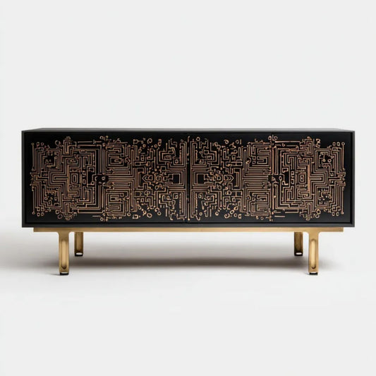 Komoda czarno-złota z płyty MDF i stali, 160 × 40 × 75 cm