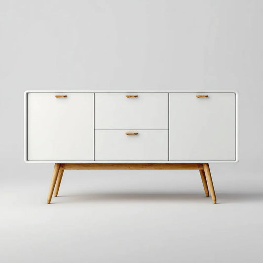 Biała komoda z MDF i drewnianymi nogami sosnowymi 150 x 40 x 85 cm