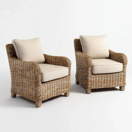 Zestaw 2 ogrodowych foteli rattanowych z beżowymi poduszkami, 70 × 75 × 80 cm