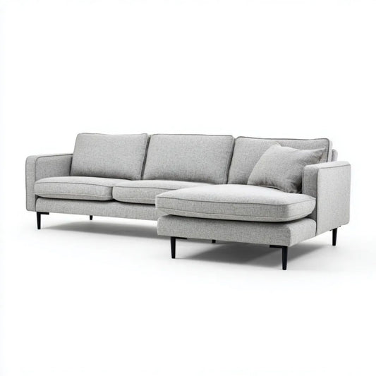 Szara sofa narożna w kształcie L z prawostronnym szezlongiem, tapicerka poliestrowa, 260 x 160 x 85 cm