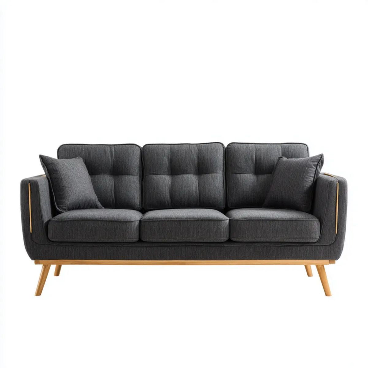 Sofa trzyosobowa ciemnoszara z tapicerką poliestrową i nogami z litego drewna, 210 x 85 x 88 cm