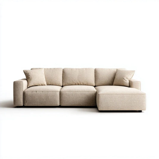 Beżowa sofa narożna z prawostronnym szezlongiem, tapicerka poliestrowa, 280 x 160 x 85 cm